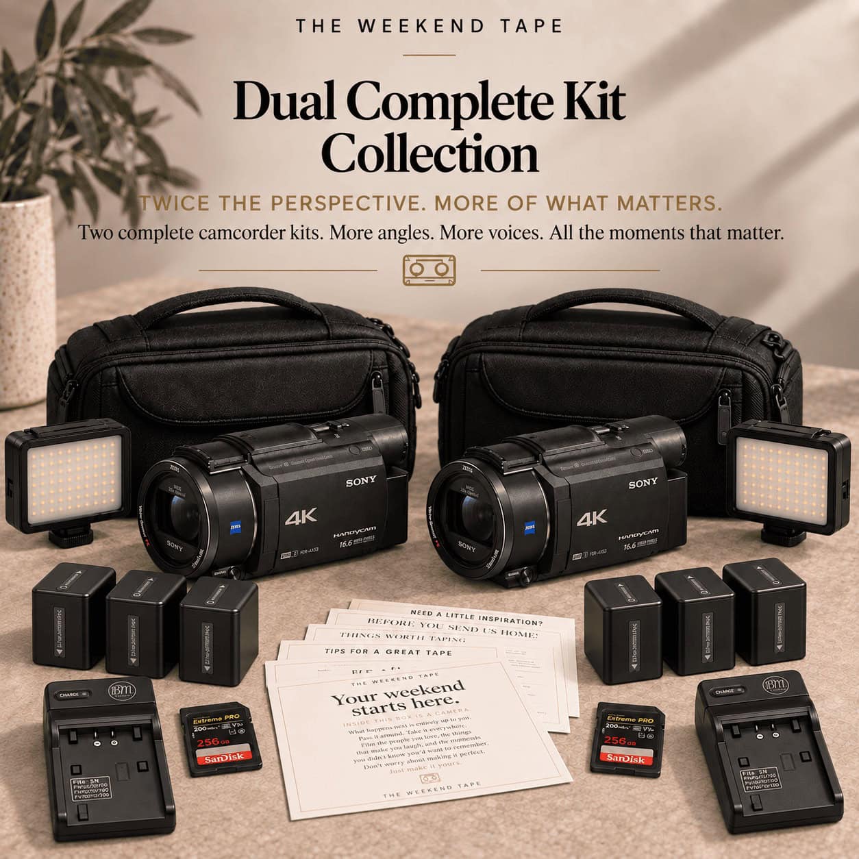 Two complete wedding camcorder rental kits with Sony 4K camcorders, batteries, lights, memory cards, and carrying cases